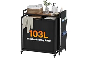 SAKSUN Laundry Sorter 2 Section: Laundry Hamper Basket with Shelf and Wheels - Rolling Laundry Basket Organizer with Pull-Out Cart - Clothes Hamper for Laundry Room Bathroom Bedroom