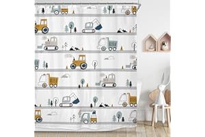 Riyidecor Construction Truck Shower Curtain for Bathroom Decor 60Wx72H Cartoon Excavator for Baby Child Boy Kids Funny Machinery Cool Navy Blue Yellow Printed Fabric Polyester Waterproof 12 Pack Hooks