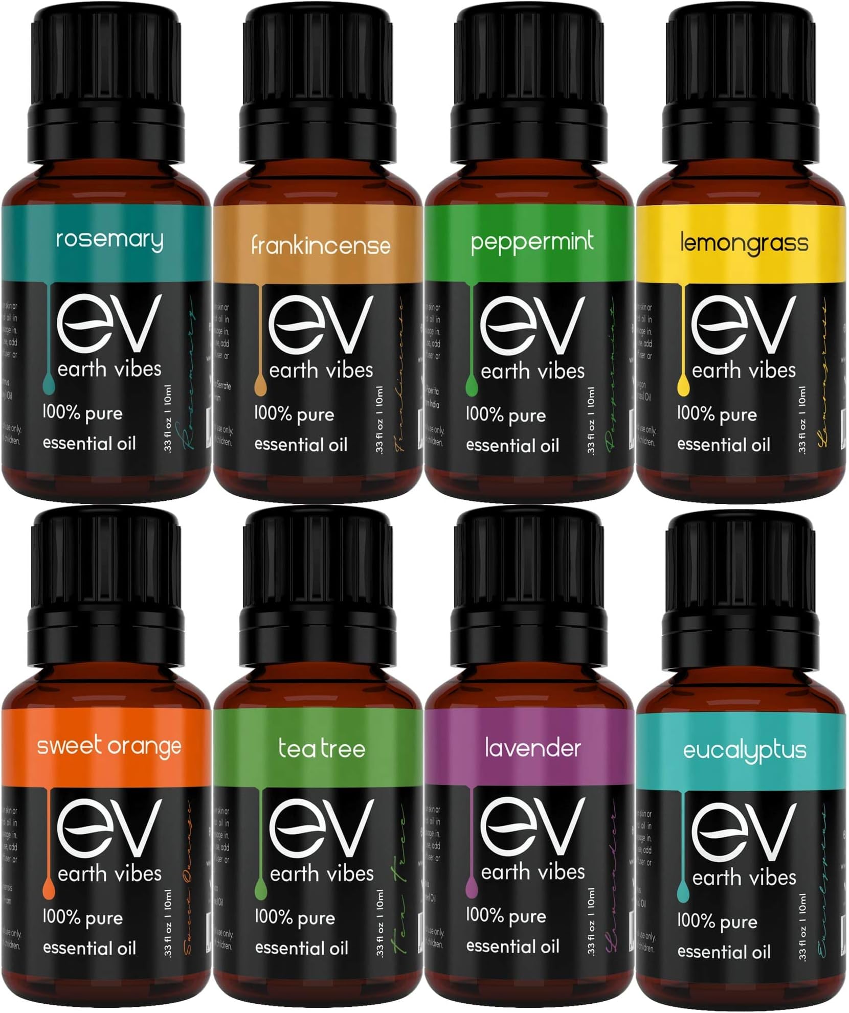 Earth Vibes Aromatherapy Top 8 Essential Oil Set – Therapeutic Grade – 100% Pure – Peppermint, Tea Tree, Lavender, Eucalyptus