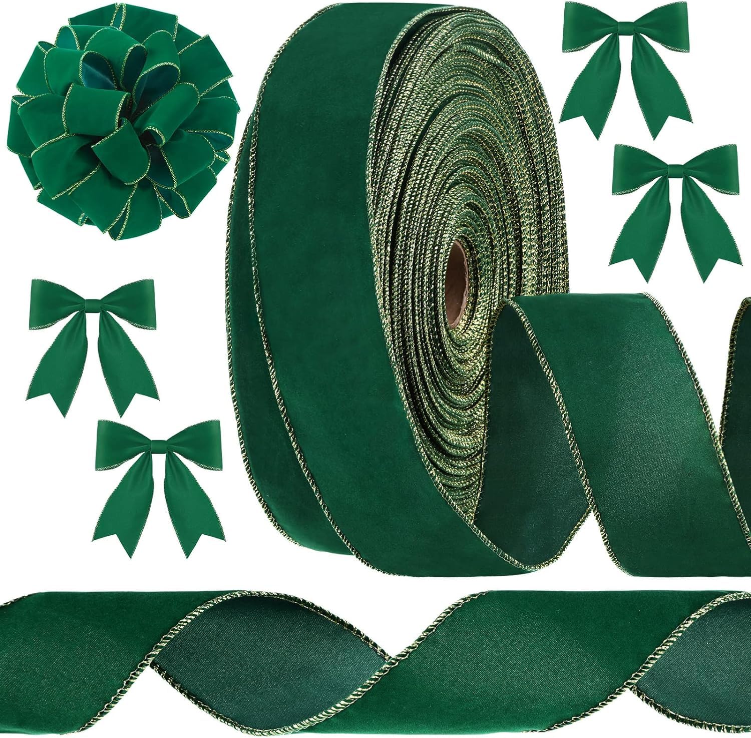 LATERN 28M Christmas Velvet Ribbon, 6.3cm Width Wired Velvets Ribbon Waterproof Wrapping Velvet Ribbons with Gold Edge for Xmas Gift Wrapping Xmas Tree DIY Wreath Christmas Bow Decoration (Green)