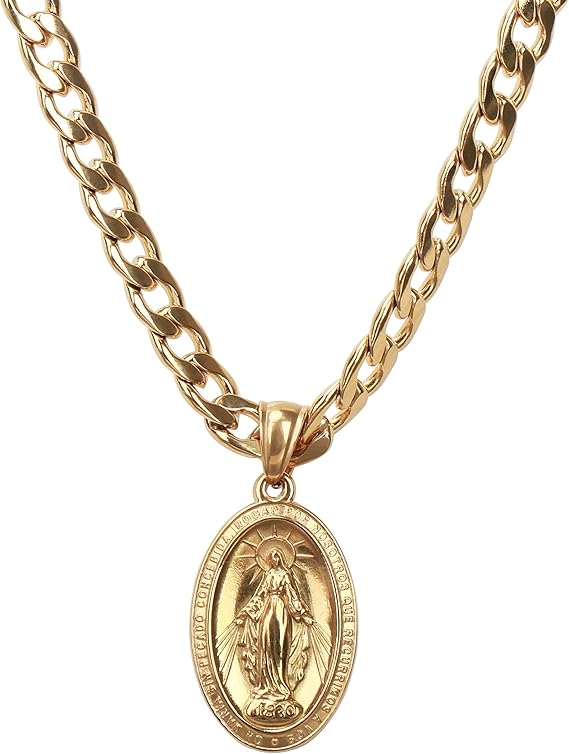 Amazon Co Jp Silver Kyasya 喜平チェーン 奇跡のメダイ ネックレス ゴールド 18k Gp 金 ネックレス 聖母 メダイ ペンダント メンズ Hiphop B系 マイアミキューバンリンク 服 ファッション小物