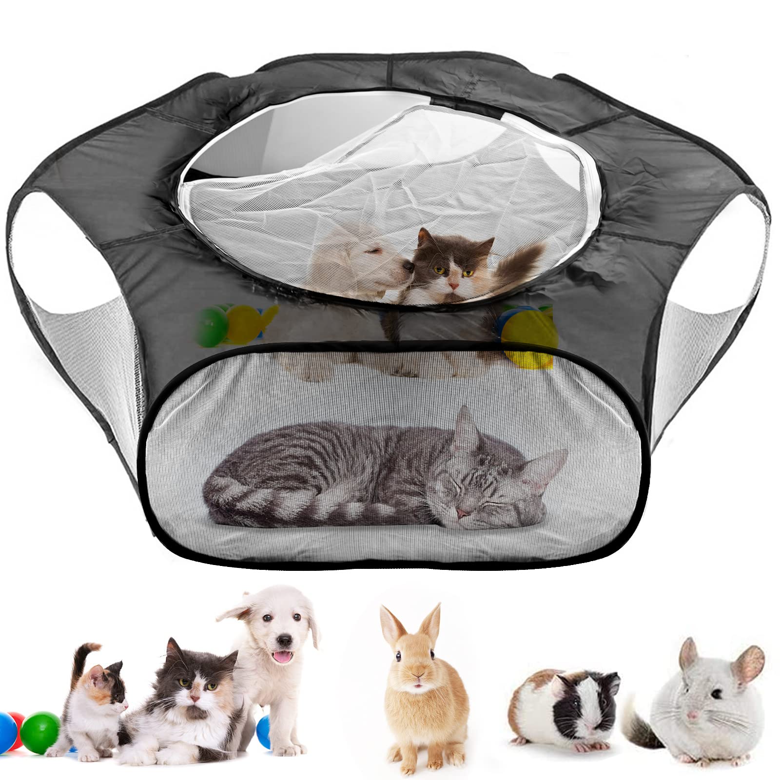 BOFUS Small Animal Cage Tent Pop Up Pet Playpen, Breathable Transparent Pet Tent with Top Cover Auto-Open Indoor Outdoor Exercise Foldable Yard Fence for Kitten,Guinea Pig