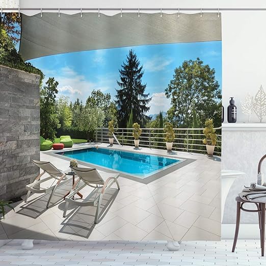 Amazon Com Ambesonne Holiday Shower Curtain House Swimming Pool View From The Veranda Summer Day Scenery Terrace Print Cloth Fabric Bathroom Decor Set With Hooks 70 Long Pearl Blue Grey Home Kitchen