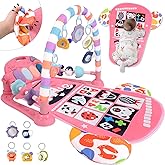 TAMOIE Baby Play Gym for 0-6 Months, High Contrast Tummy Time Mat, Kick and Play Piano, Music and Lights, Newborn Gifts for Girls, Pink