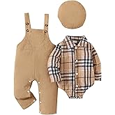 Renotemy Baby Boy Clothes Flannel Plaid Bodysuit+Corduroy Overalls+Beret Hat 3Pcs Fall Winter Outfits for 3-24 Months Boys