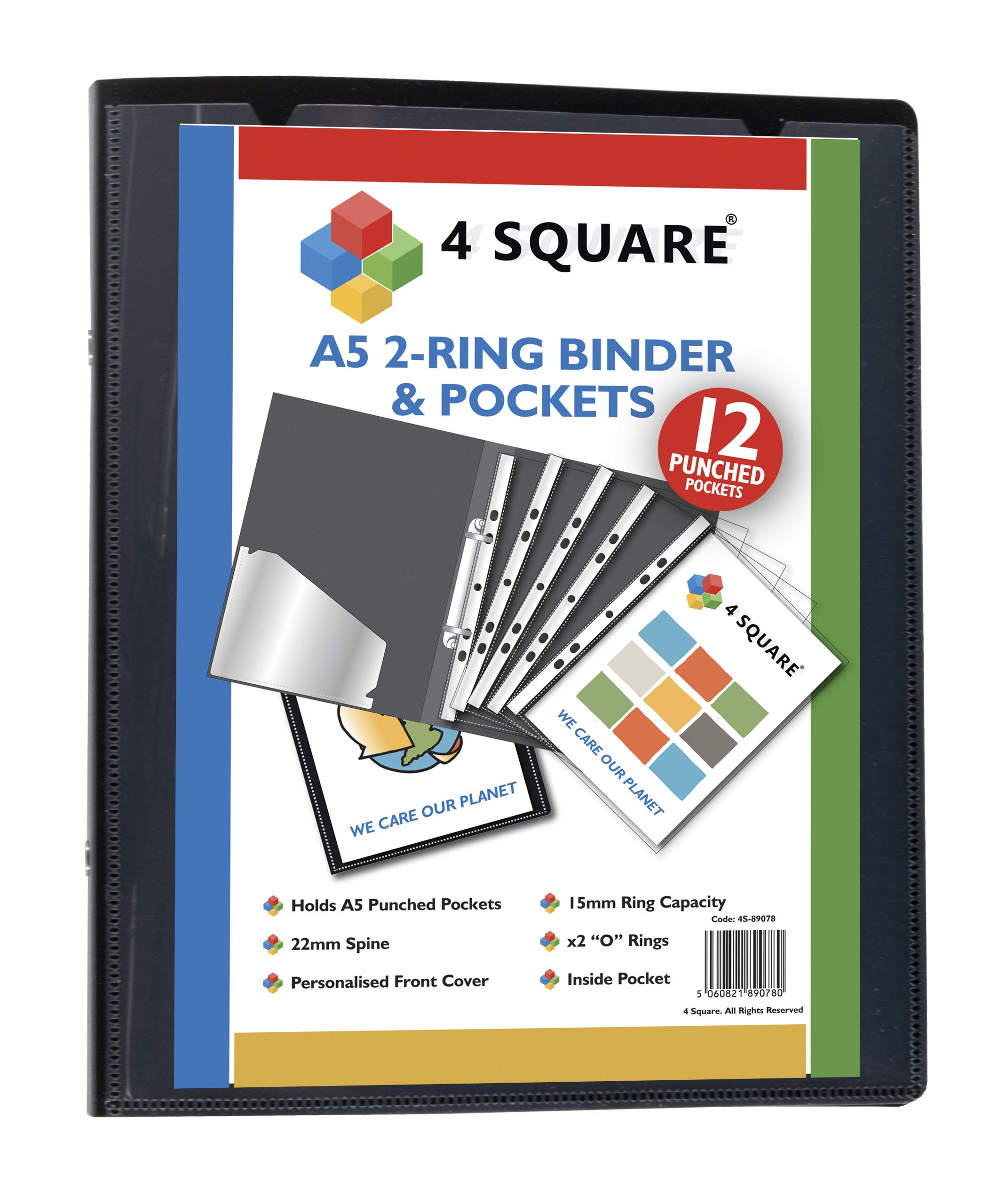 A5 Ring Binder with Free 12 Punched Pockets Black Ring Binder Folder Folio for Professionals, Business, Students, Projects, School, Colleges, Home, Office by 4 Square - 89078 (1 Binder)