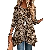 Zeagoo Womens Tops 3/4 Sleeve Loose Fit Dressy Tunics Plus Size Boho Shirts | Summer Tops for Women, Fall Clothes, Dressy Casual Blouses, Crew Neck Tunics to Wear with Leggings, Asymmetrical Hem