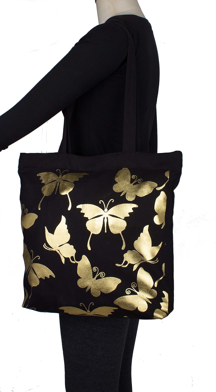 vivinkaa black butterfly printed tote bag with zip for women