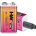 HW 9V Li-ion Rechargeable Battery, 9 Volt/1000mAh(9000mWh) Long Lasting Rechargeable Batteries with Micro-USB, 1000 Cycles Charge, 1.5 Hrs Fast Charging, LED Indicator, 2 Packs