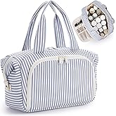 Narwey Travel Toiletry Bag for Women, Striped Large Makeup Bag, Wide-open Cosmetic Make Up Organizer with Handle, Travel Bag for Toiletries, Essentials, Accessories (Greyish Blue Stripe)