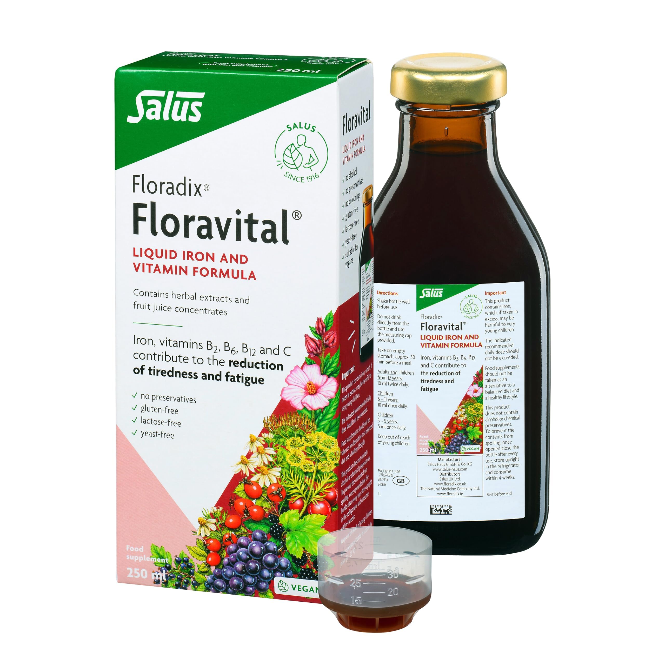 Floravital Liquid Iron & Vitamin 250ml Supplement. Contributes to The Reduction of Tiredness. Gluten Free. No preservatives. Suitable for Women, Men and Children 3+.