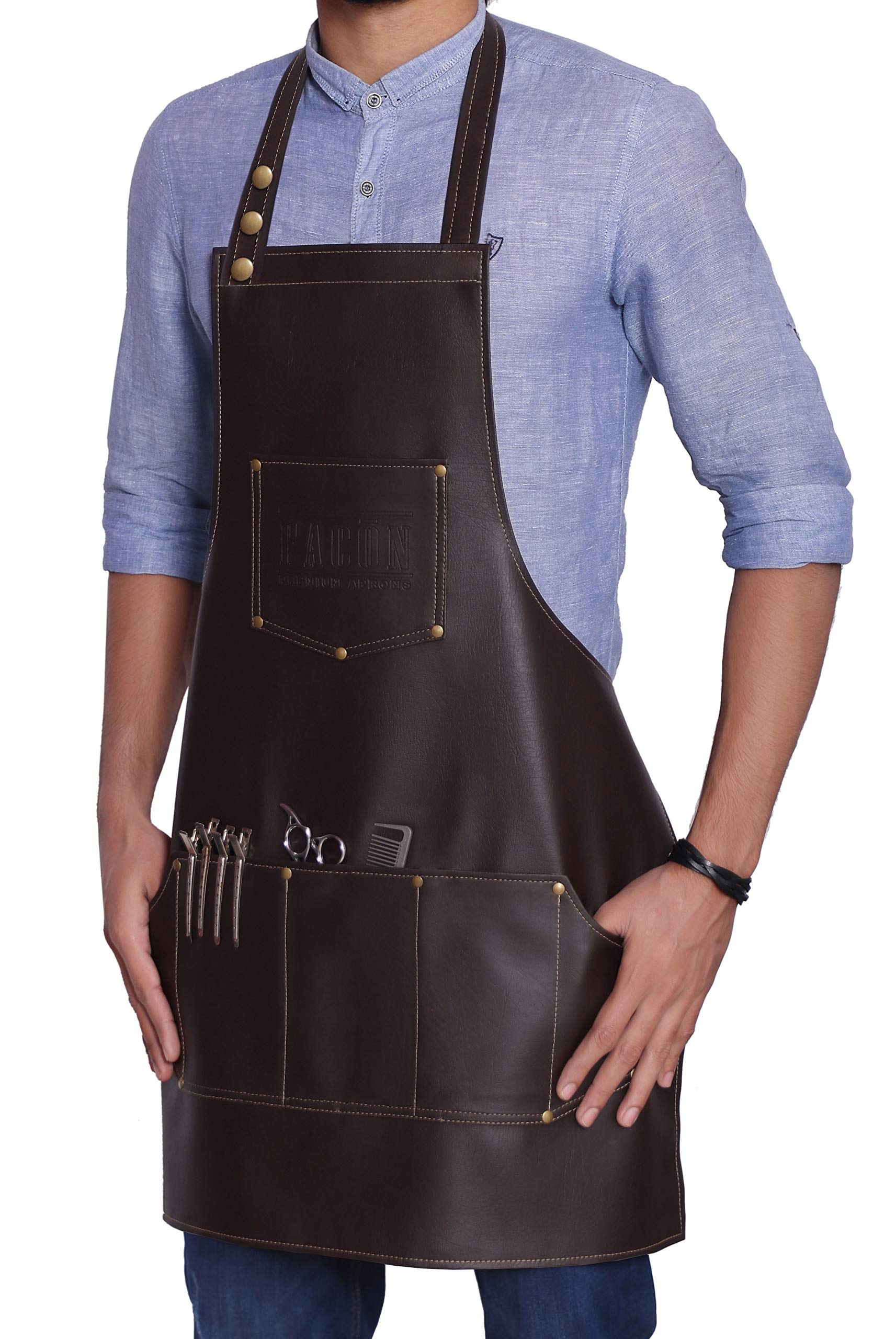 Facón Professional Leather Hair Cutting Hairdressing Barber Apron Cape for Salon Hairstylist - Multi-use, Adjustable with 6 pockets - Heavy Duty Premium Quality - Limited Edition - 28" x 24" (Brown)