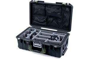 Pelican Air 1535 Carry-on Case by ColorCase - Black - Medium Size Waterproof Case with Gray Padded Microfiber Dividers & Mesh Lid Organizer - OD Green Handles & Latches