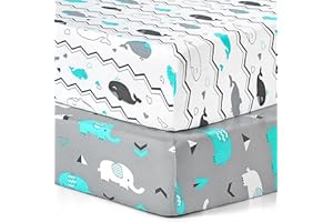 Pack n Play Sheets, BROLEX 2 Pack Mini Crib Sheets,Stretchy Portable Fitted Playard Sheet Set, Convertible Playard Mattress Cover,Ultra Soft Breathable Material,Elephant Whale