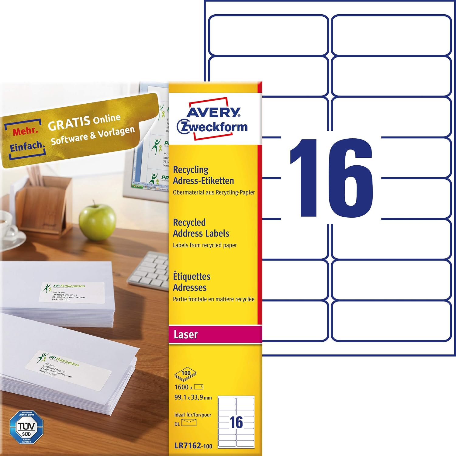 AVERY Zweckform LR7162-100 Labels 99.1 x 33.9 mm 1,600 Address Labels on 100 Sheets Self-Adhesive Printable Matte Paper 100% Recycled Paper Blue Angel Natural White