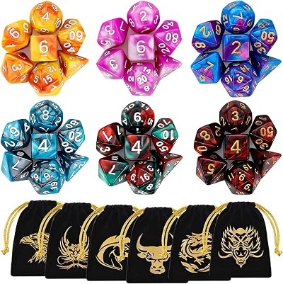 QMay DND Dice 7-Die Set Polyhedral with 2 D10 and Pouches 70 Pieces