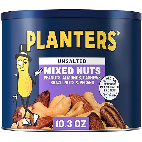 PLANTERS Mixed Nuts Unsalted, Party Snacks, Plant-Based Protein, 10.3 oz Canister