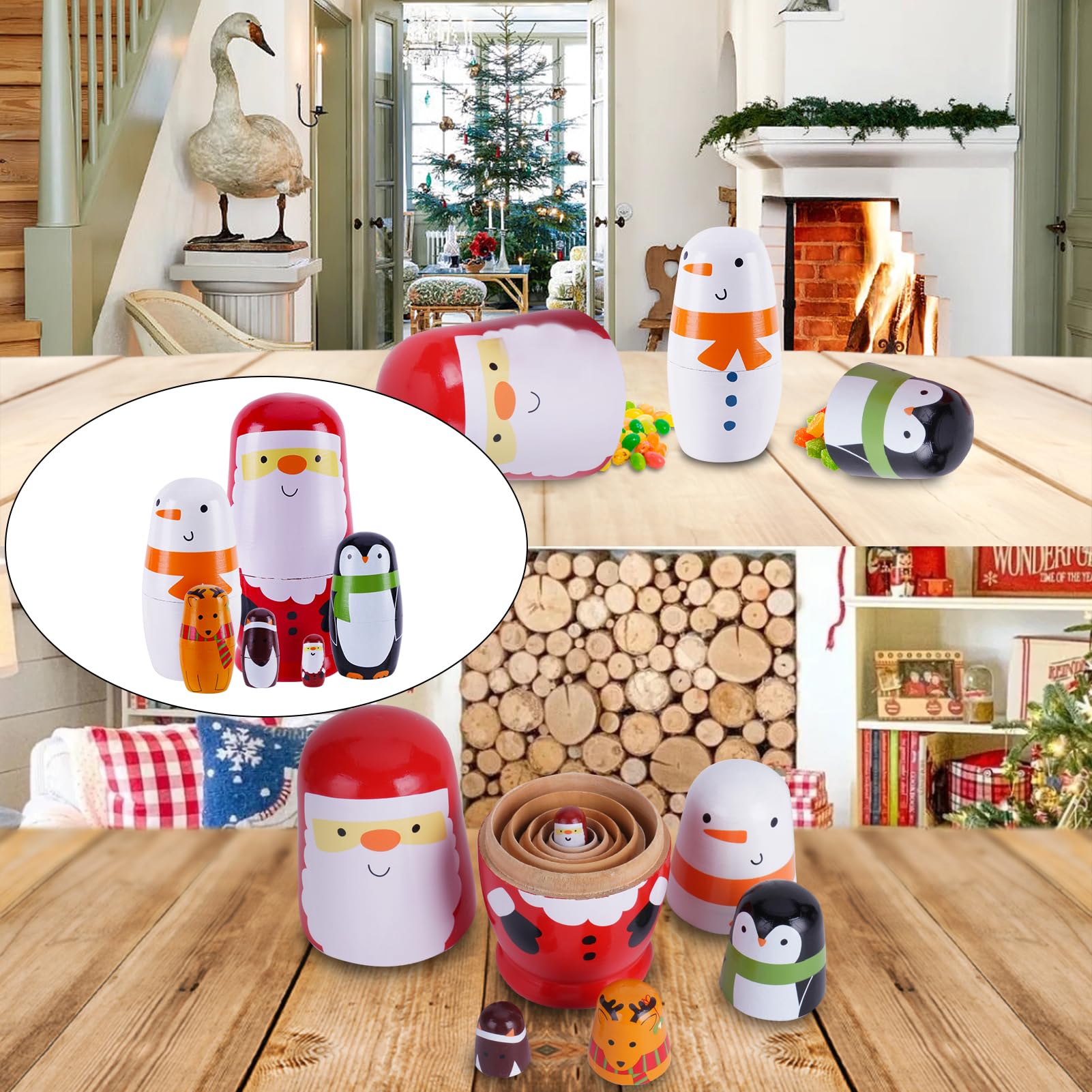 Tngan Chirstmas Russian Nesting Dolls, 2 Pack Wooden Handmade Nested Set Matryoshka Dolls, Russian Stacking Dolls Toys for Kids Toddlers Happy Chirstmas Home Decoration Gift(Santa Snowman)
