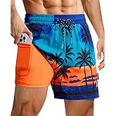 Gleeease 4inch Mens Swim Trunks: with Compression Liner Zipper Pocket Drawstring Quick Dry Stretch Lined Palm Tree Beach Pool