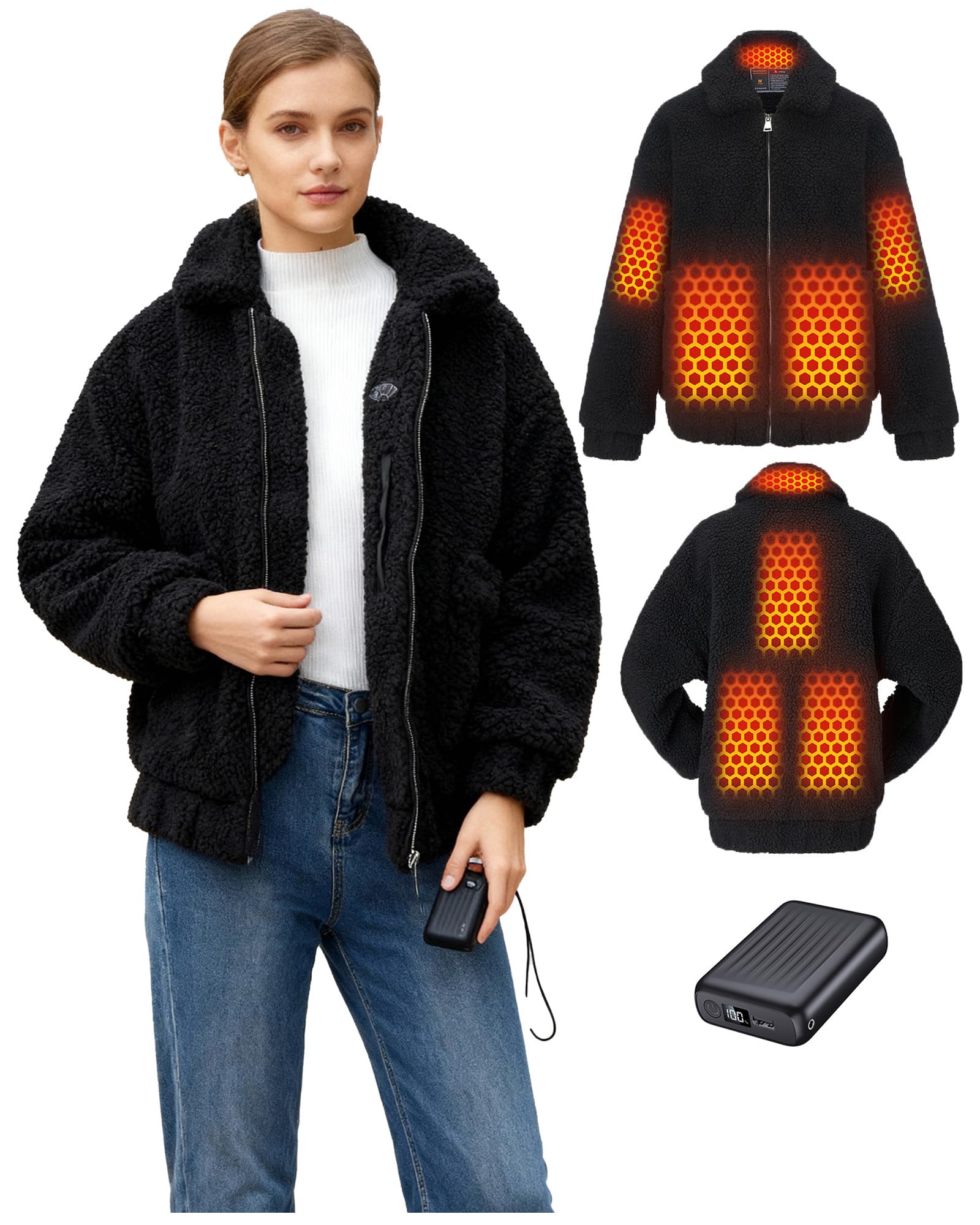 Photo 1 of Topdot Graphene Sherpa Heated Jacket for Women with 18400mAh 12V Battery pack, Fleece Faux Jackets with 8 Heating Zones
