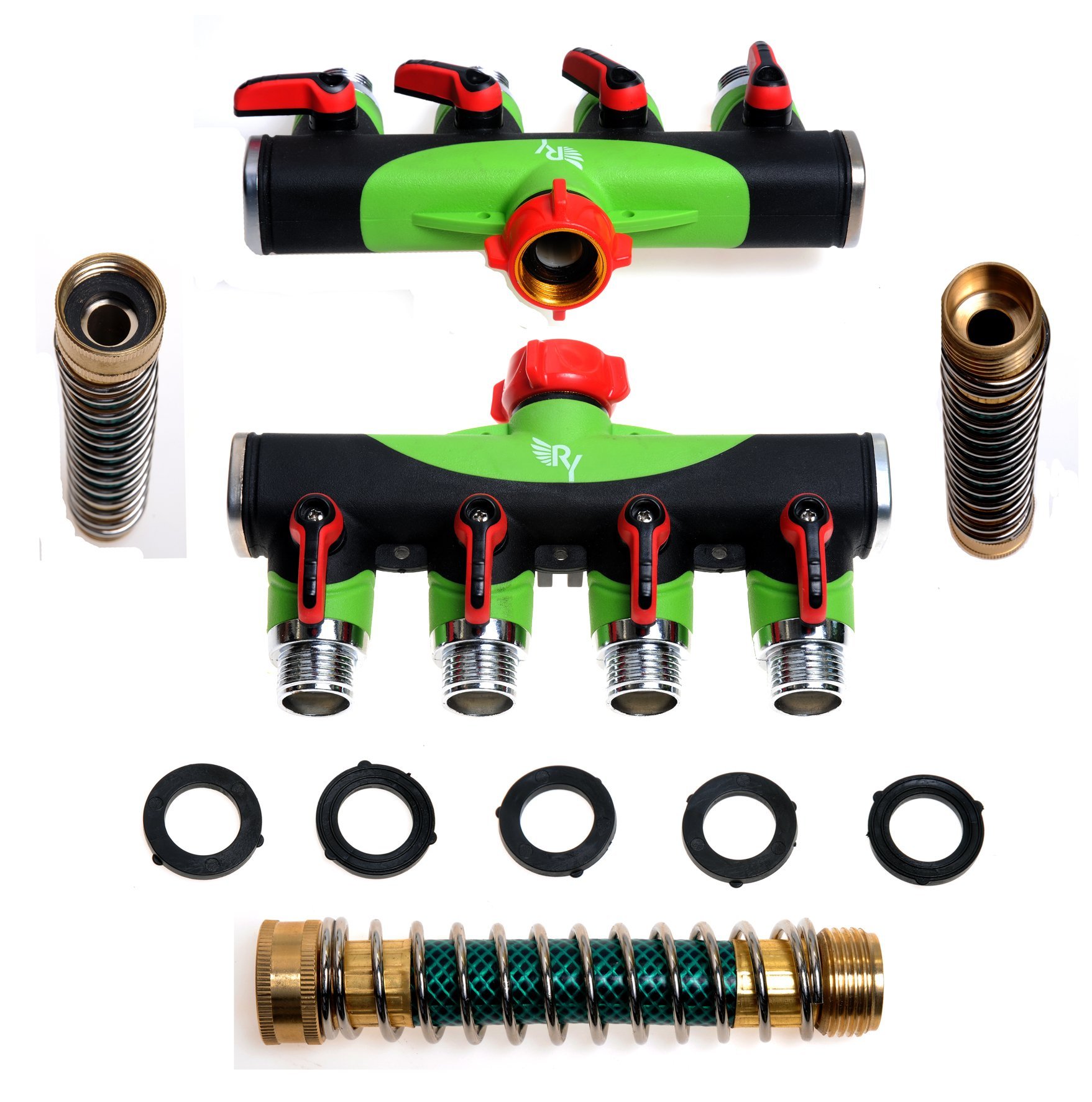 RAAYA 4 Way Hose Splitter With Short Garden Coil Hose Arthritis Friendly leak-proof Water Splitter Quick Switch Connector Ball Valve Rubber Washers Ultra High Flow at Four Outlets One Year Warranty