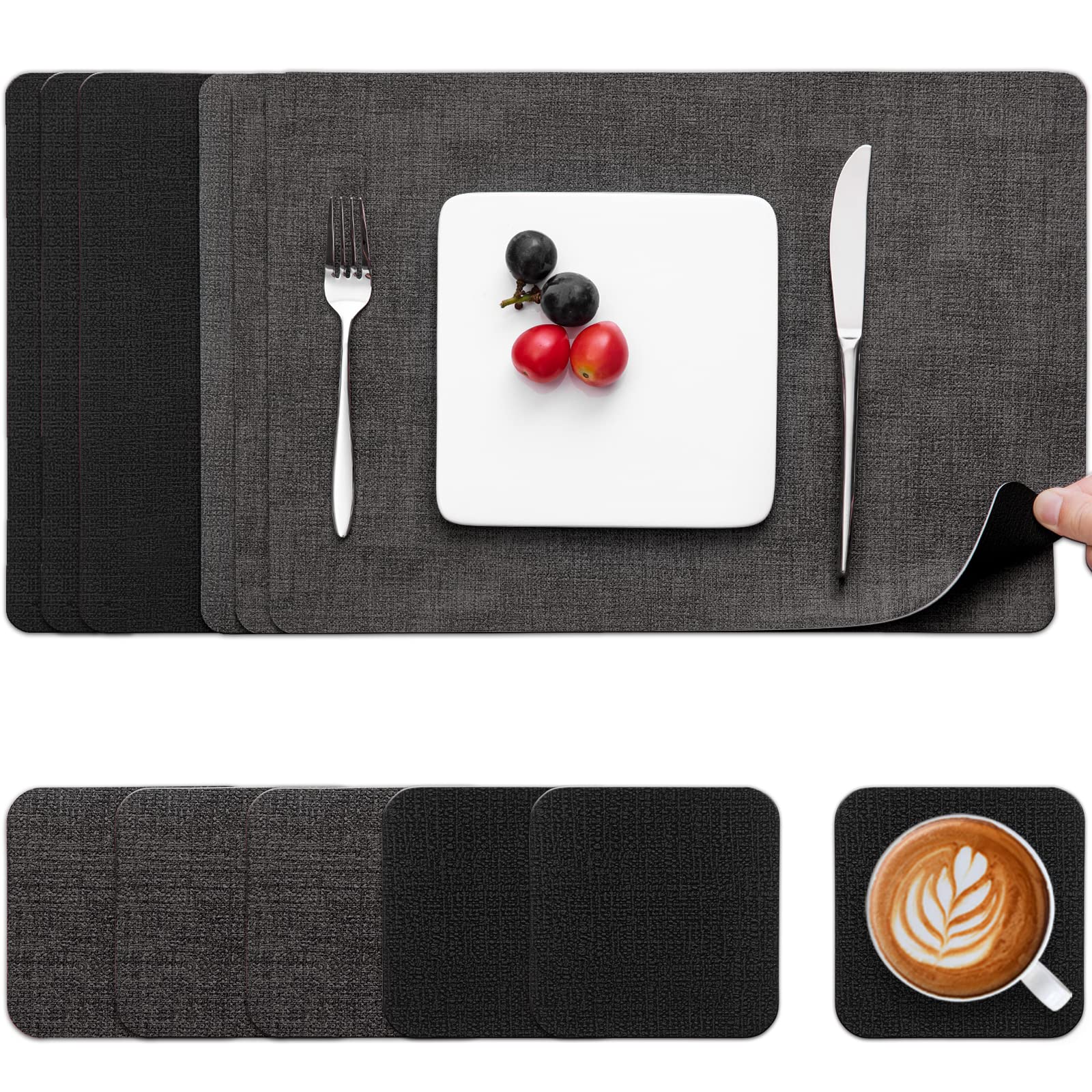 Myir JUN Placemats and Coasters Set of 6, Place Mats Dual Sided Faux Leather Table Mats PU Indoor Outdoor Heat Resistant Placemat Square Non Slip Wipeable Washable Dining Restaurant (Black Grey)