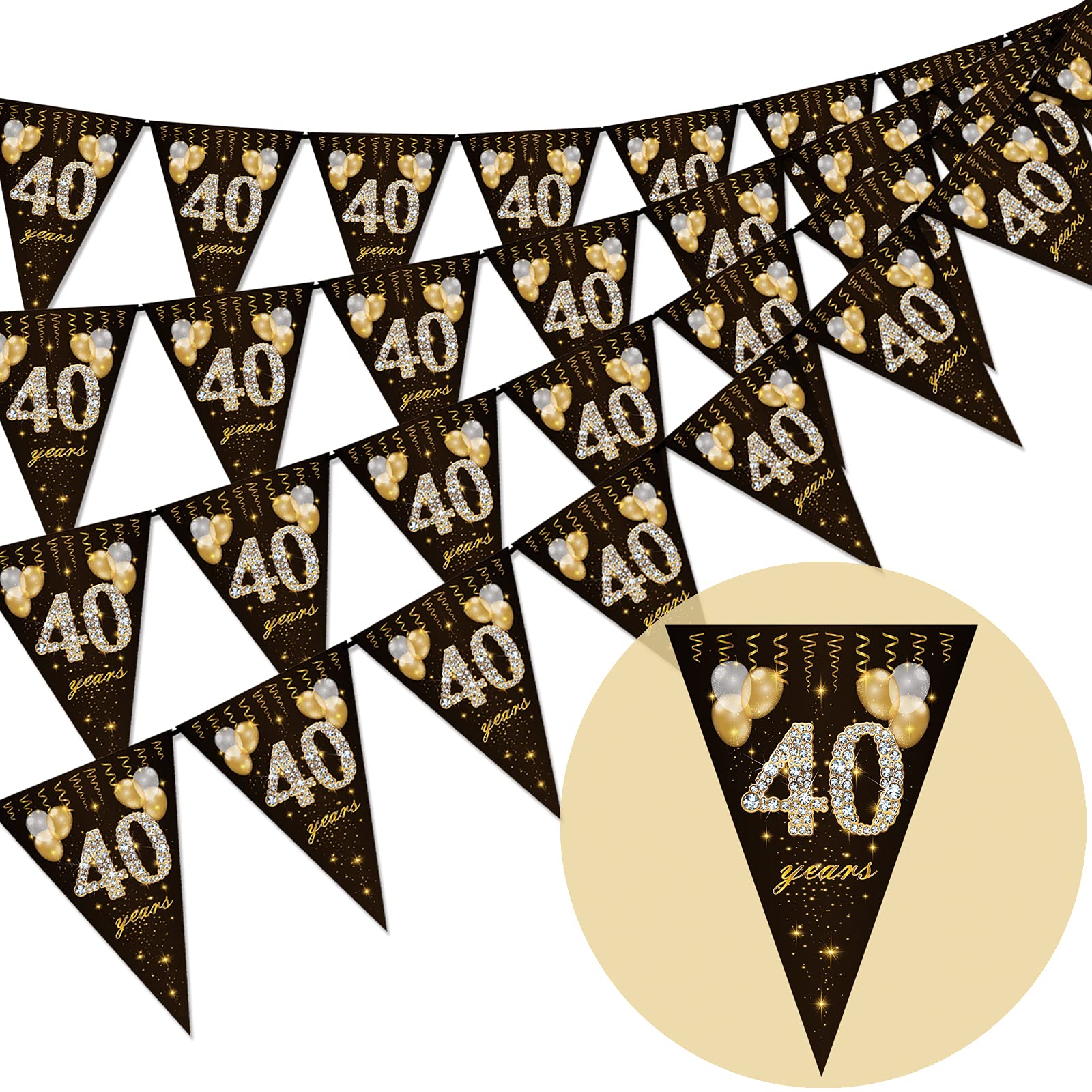 40th birthday bunting, Happy Banner Bunting Flags, 40Pieces Triangle Gold Black Glitter Diamond by Numbers 40th Birthday Anniversary Theme Party Decoration Supplies