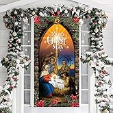 Christmas Decoration Outdoor Religious Door Cover Holy Nativity Front Door Hanging Backdrop Xmas Photography Background for Winter House Church Party Supplies, 70 x 35 Inch