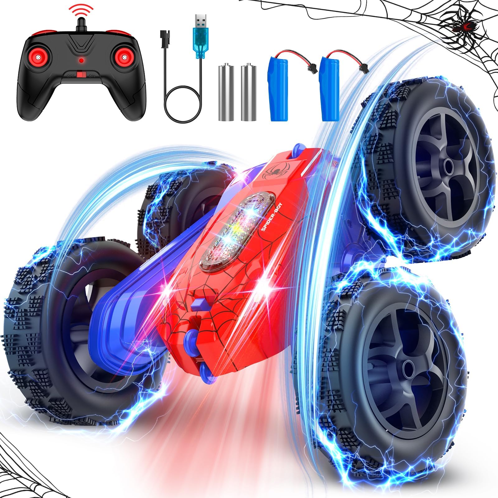 Photo 1 of Rcfunkid Remote Control Car, Double-Sided 360 ° Flipping Rotating RC Car, RC Stunt Car with Colorful LED Lights, 4WD RC Toy Car for Boys Age 8-12 and Boys Girls Birthday Present