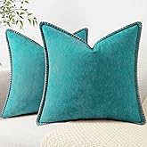 decorUhome Spring Chenille Soft Cozy Throw Pillow Covers 18x18 Set of 2, Modern Farmhouse Boho Velvet Decorative Pillow Cases with Stitched Edge for Couch Sofa Bed Home Decor, Turquoise