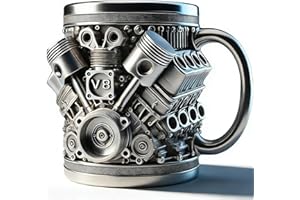 V8 Engine Stainless Steel Coffee Mug, V6 Retro Engine Coffee Mug with Insulated Handle, Personalized Stainless Steel Cup for 