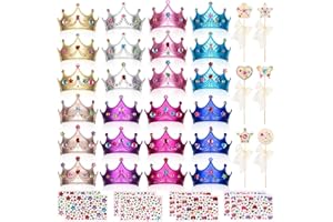 Hoedia 24+37Pcs Foam Crowns Set, Princess Tiaras and Foam DIY Crowns for Kids to Decorate for Birthday Party Crowns Favors with 24 Foam Crowns, 24 Wooden Wands, 12 Rhinestone Stickers,1 Silk Ribbon