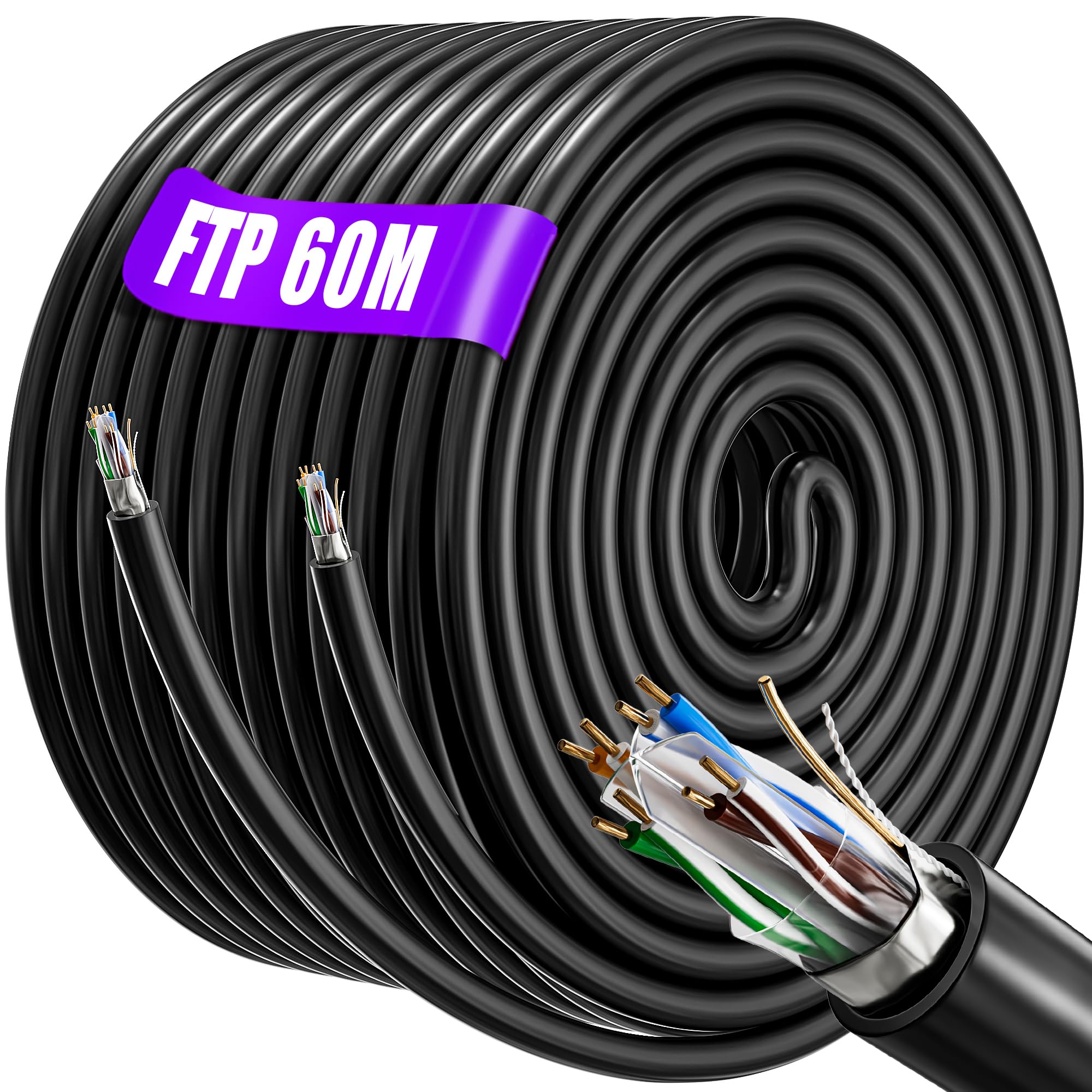 Cat 6 Ethernet Cable Outdoor Indoor 60m, Waterproof Ethernet Network Cable Bulk Shielded - 23AWG High Speed Gigabit Internet Cable - CCA, FTP Shielded Anti-jamming, Flame Retardant - Black 60 Meter