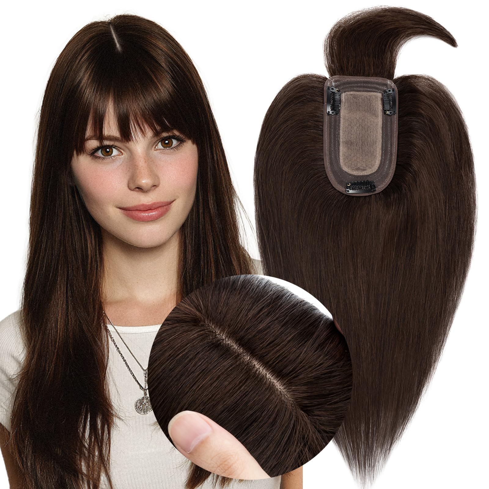 Photo 1 of MY-LADY Human Hair Toppers for Women Real Human Hair with Bangs Thin 7 * 13CM Silk Base with Lace Clip in Remy Hairpieces 150% Density 18 Inch Dark Brown