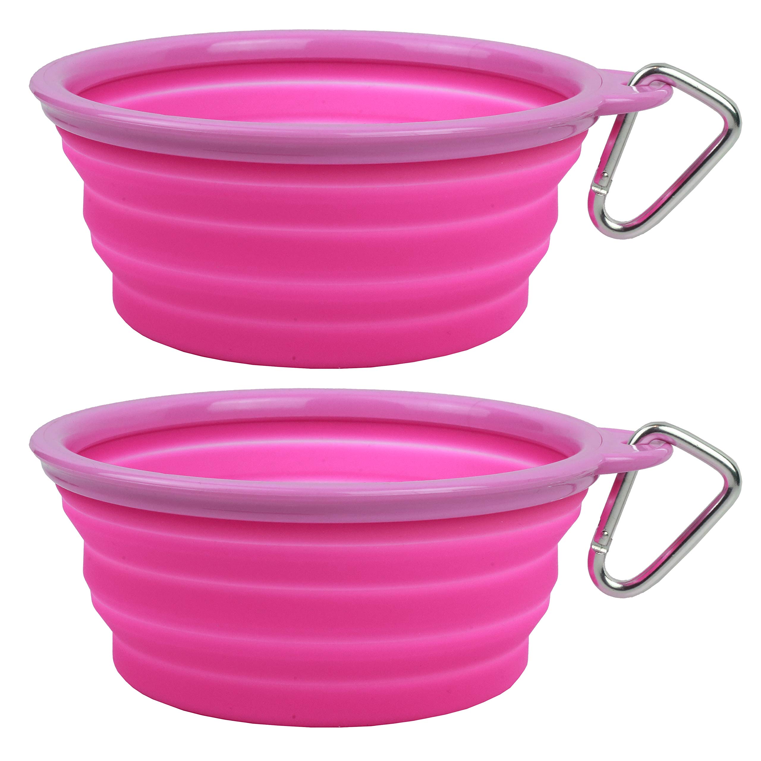 Prima Pets Collapsible Silicone Water Travel Bowl with Clip for Dog and Cat, Portable and Durable Pop-up Feeder for Convenient On-The-go Feeding – Size: Large (5 Cups) Pink – 2 Pack