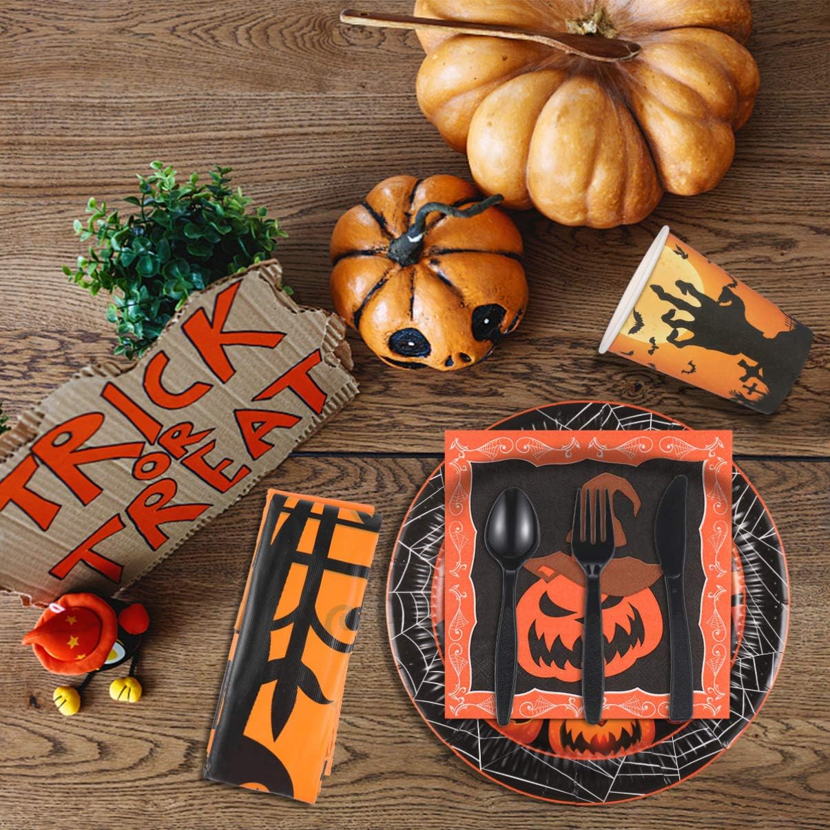 YARNOW Halloween Tableware and Decorations, 24 Guest - Pumpkin Pattern Halloween Plates, Party Cups, Napkins, Tablecloths, Serving Trays, Knives, Forks, Spoons (Orange): Kitchen & Dining