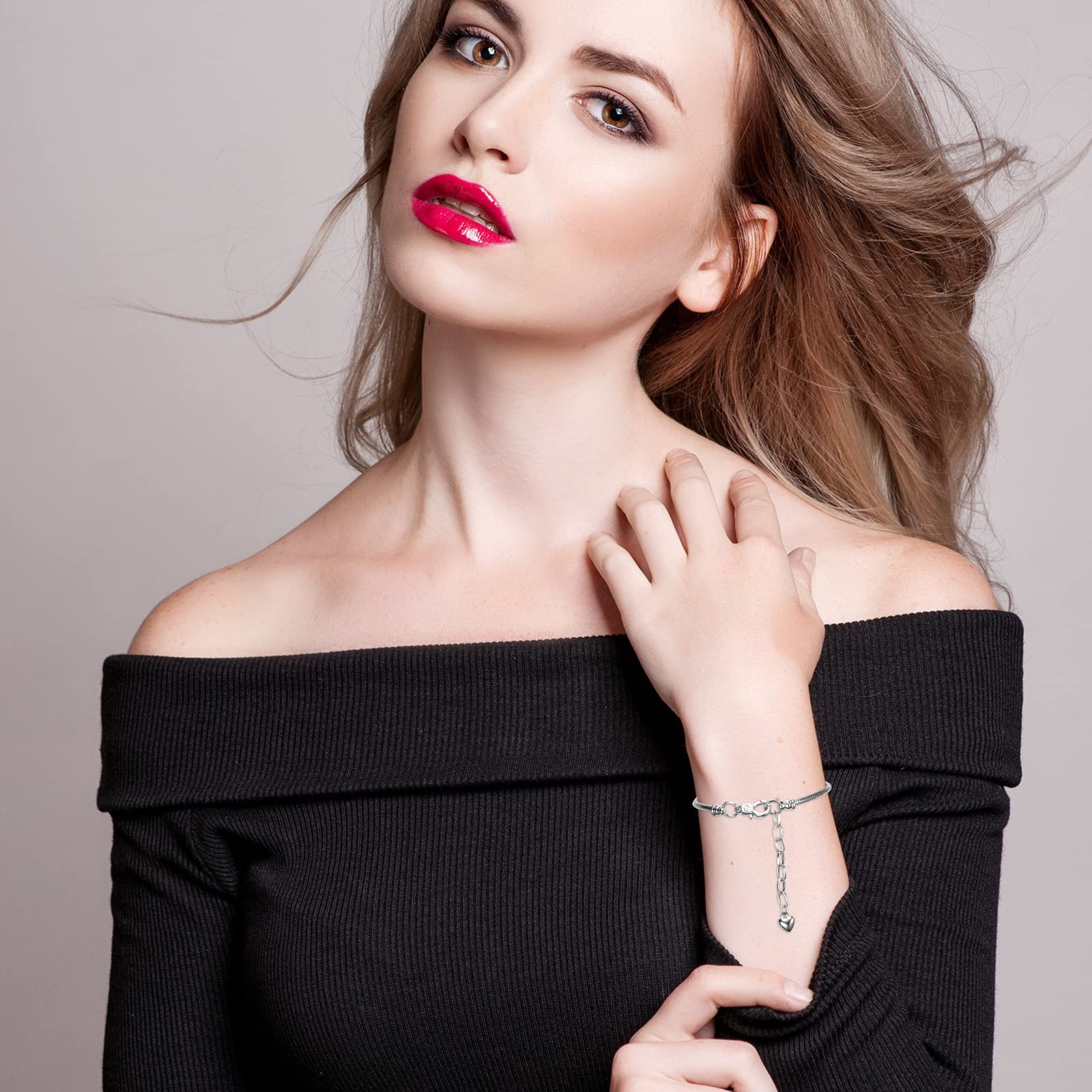 Hicarer 27 Pieces Snake Charm Bracelet Chain Adjustable Charm Bracelet Chain with Heart Shape Extender Copper DIY for Women Jewelry Making(7.9 Inch,Silver)