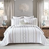 PERHOM Cotton Quilt King Size - 3 Pieces 100% Cotton Boho Striped Lightweight Soft Beige Gray White King Quilt Set with 2 Shams, Bohemian Pattern King Bedspread/Coverlet/Bedding Set for All Seasons