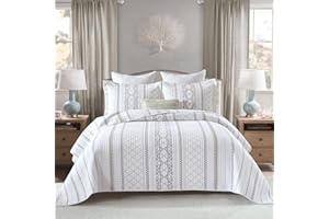 PERHOM 100% Cotton Quilt Queen Size - 3 Pieces Boho Striped Lightweight Soft Breathable Beige Gray White Bedding Set with 2 S