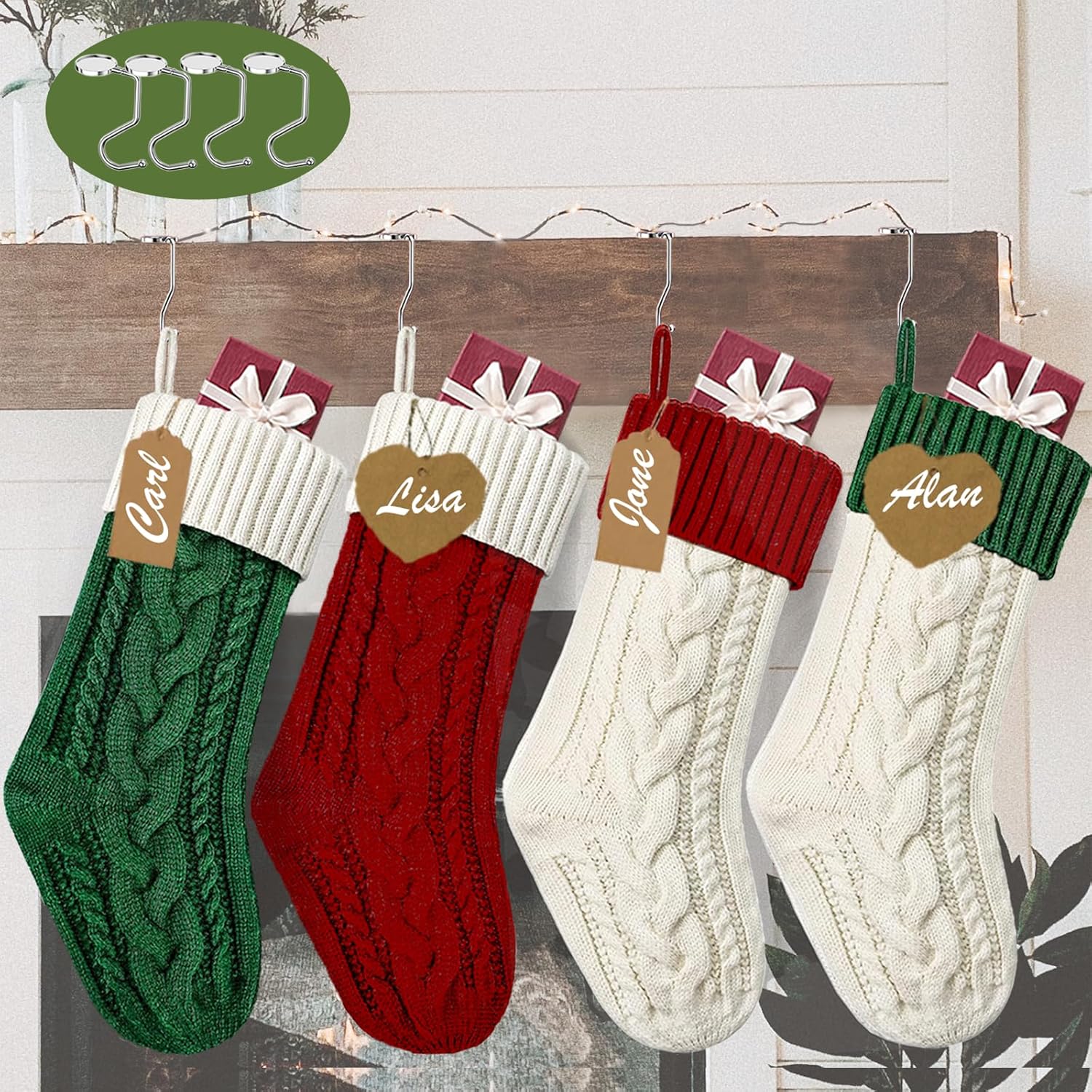 Stockings & Holders - 4 Pack Personalized Christmas Stockings with 4 Metal Holders & 8 Name Tags, 18 Inches Large Cable Knitted Stocking Fireplace Stockings for Family Holiday Xmas Party Decoration, Burgundy, Ivory, Green