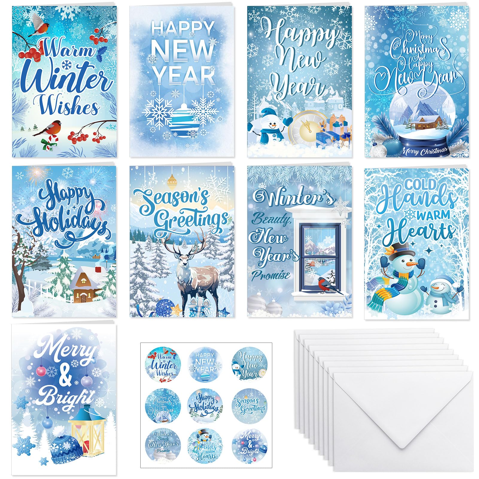 HOWAF 9PCS Happy New Year Cards 2026 Greeting Card with Envelopes Stickers, Winter Holiday Greeting Card Snowflake Christmas Cards Gifts for NYE Party Decorations 2026