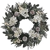 BINFEN 20” Glitter Pine Christmas Winter Wreath with Metallic Silk Hydrangea Pinecone & White Berry – Mixed with Norfolk Cypress Cedar & Spruce, Wreaths for Front Door Porch Mantel & Fireplace Decor