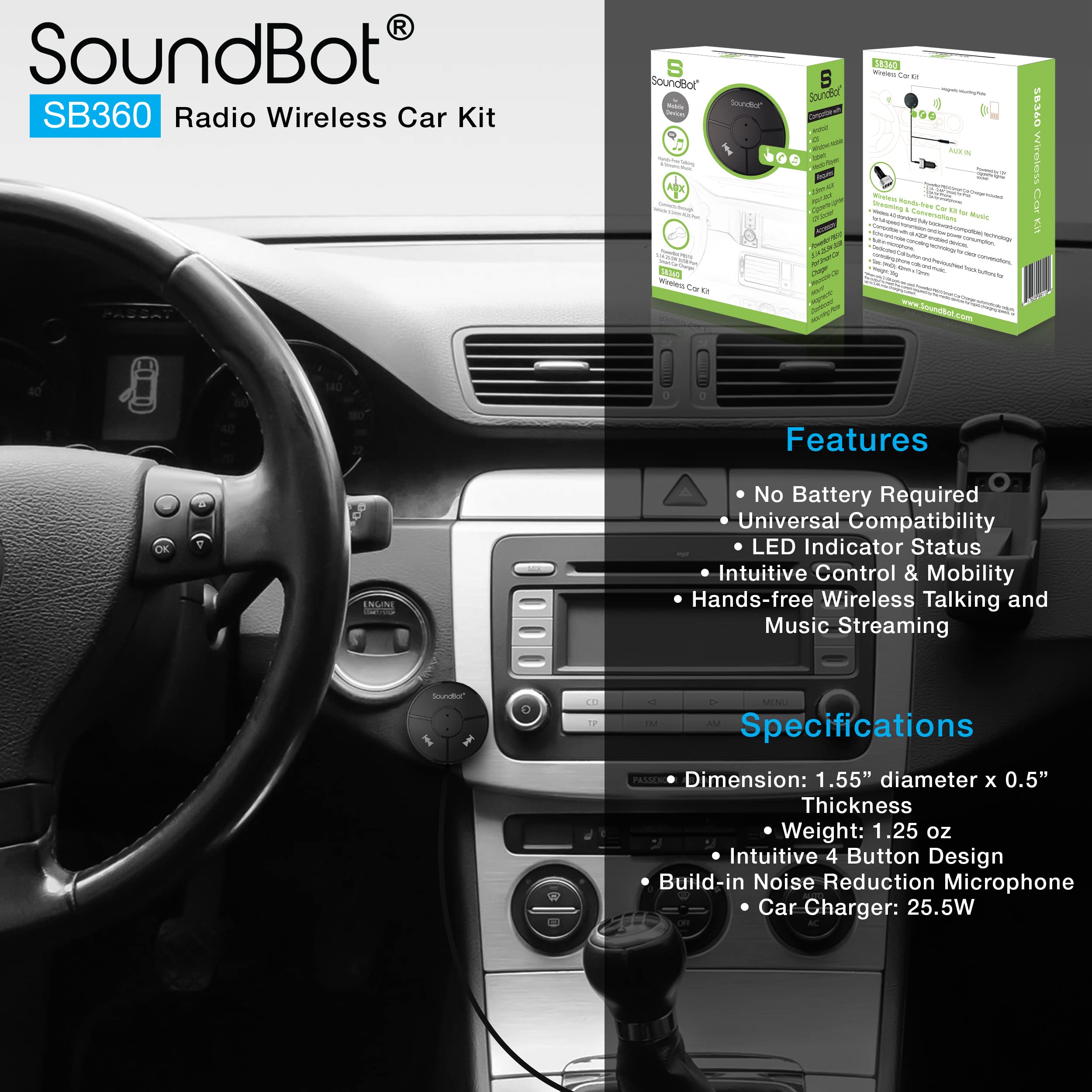 SoundBot SB360 Bluetooth Car Kit Wireless Universal Receiver Transmitter Hands-Free Talking & Music Streaming Dongle w/ 10W Dual Port 2.1A USB Charger + Magnetic Mounts + Built-in 3.5mm Aux Cable
