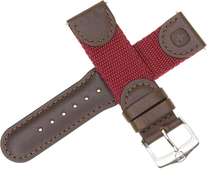 New 22mm Wenger Swiss Army Genuine Brown Leather Strap Burgundy Nylon