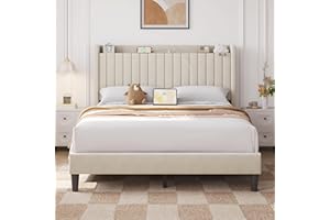 Yaheetech Queen Bed Frame with USB Charging Station and Storage Shelf/Upholstered Headboard Platform Bed with Wing Side/Wooden Slats Support/Noise Free/No Box Spring Needed/Easy Assembly, Beige