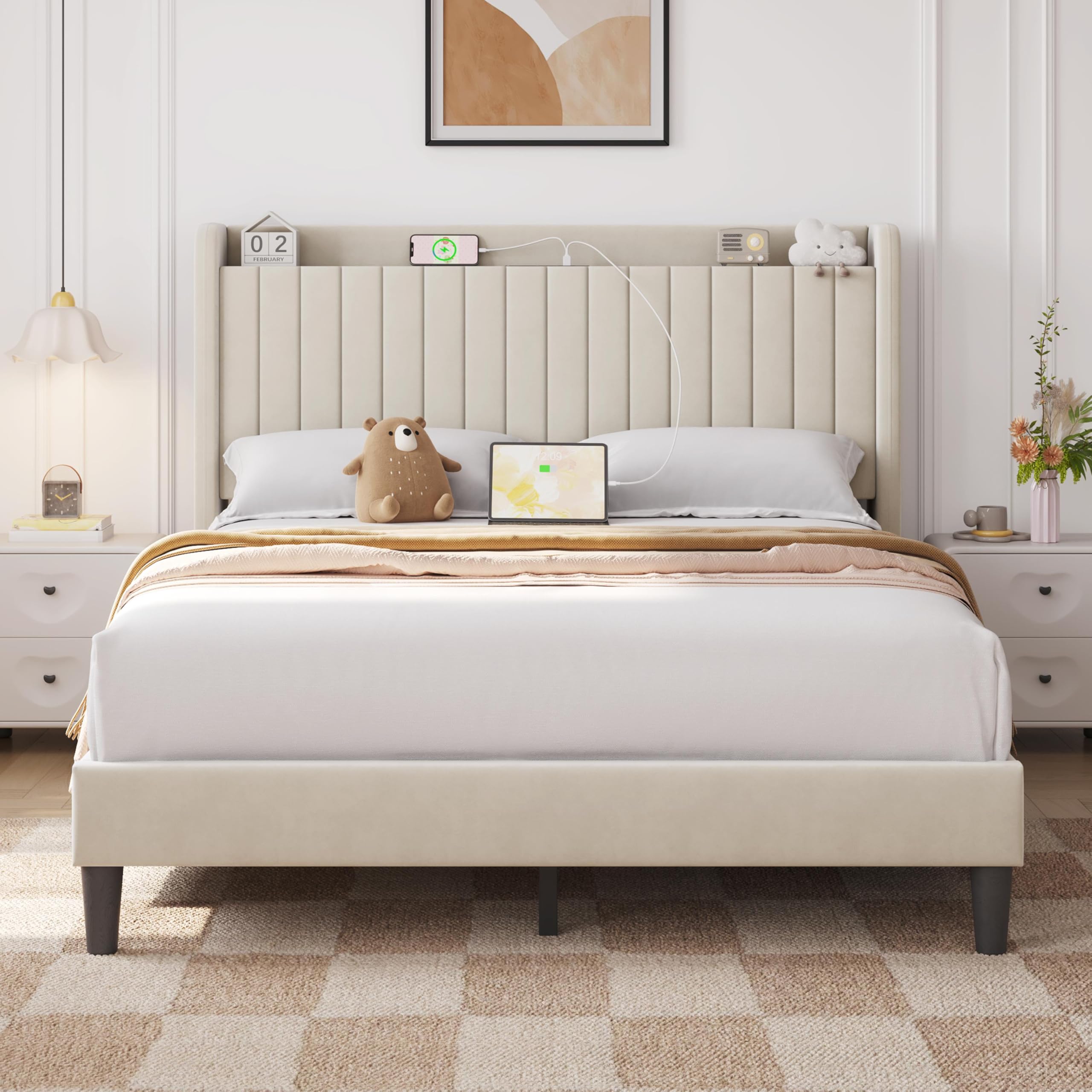 Photo 1 of ** similar / used ** Yaheetech Queen Bed Frame with USB Charging Station and Storage Shelf/Upholstered Headboard Platform Bed with Wing Side/Wooden Slats Support/Noise Free/No Box Spring Needed/Easy Assembly, Beige