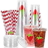 Whaline 50Pcs Strawberry Disposable Plastic Cups with Lids and Straws 12oz Party Cups Red Strawberry Cold Beverage Drinking Cups for Sweet One First Birthday Summer Fruit Party