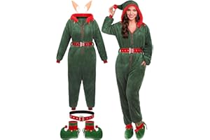 AOTHSO Plush Green Christmas Elf Adult Onesie Costume Set Includes Women Onesie Cosplay Suit with Shoes Belt Elf Ears