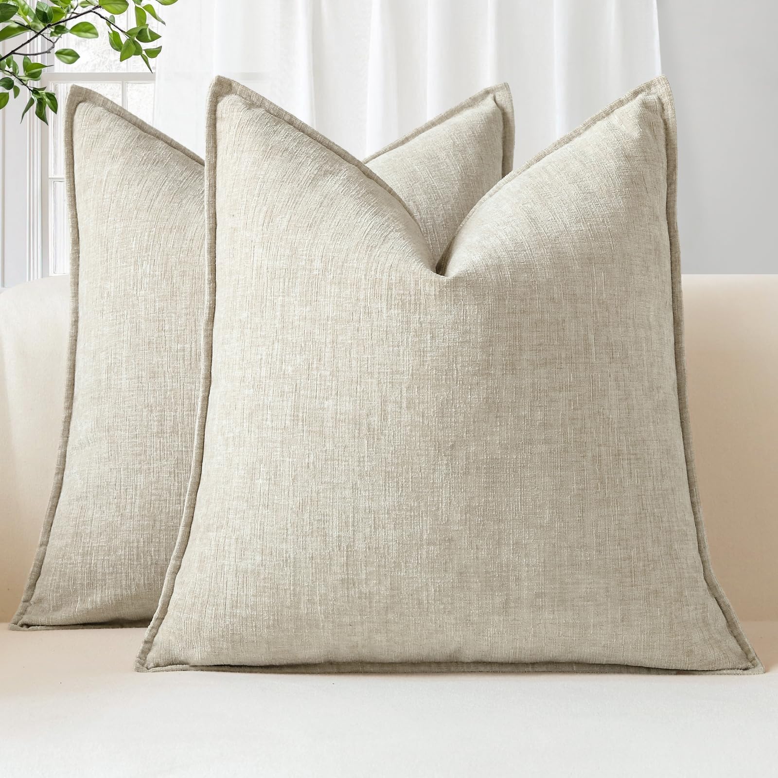Sungeek Set of 2 Soft Chenille Cushion Covers 60x60cm Square Decorative Throw Pillow Covers with Stitched Edge Solid Dyed Pillow Cases Covers for Home Decor Couch Sofa Bed Living Room, Beige