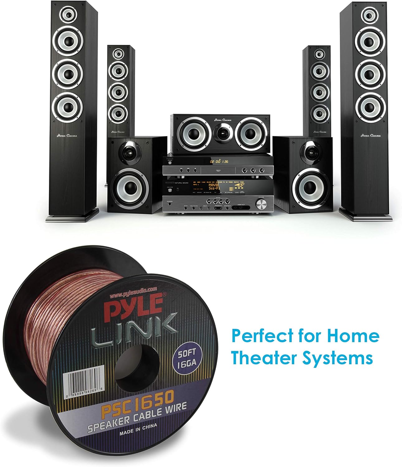 Pyle PSC1650 50ft 16 Gauge Speaker Wire - Copper Cable In Spool for connecting Audio Stereo to Amplifier, Surround Sound System, TV Home Theater and Car Stereo, 50 Feet: Home Audio & Theater